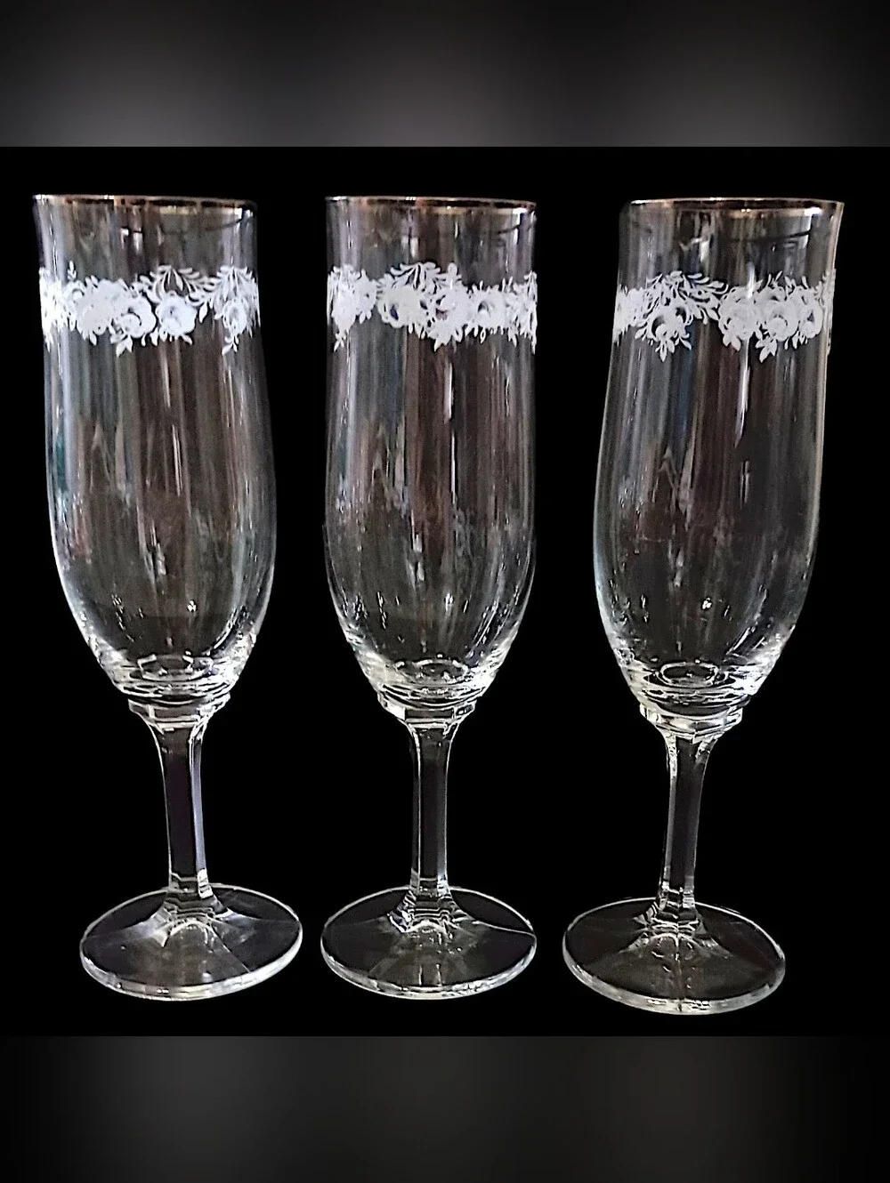 3 Johann Haviland Sweetheart Rose Champagne Flutes Crystal Vtg Floral Stemware
